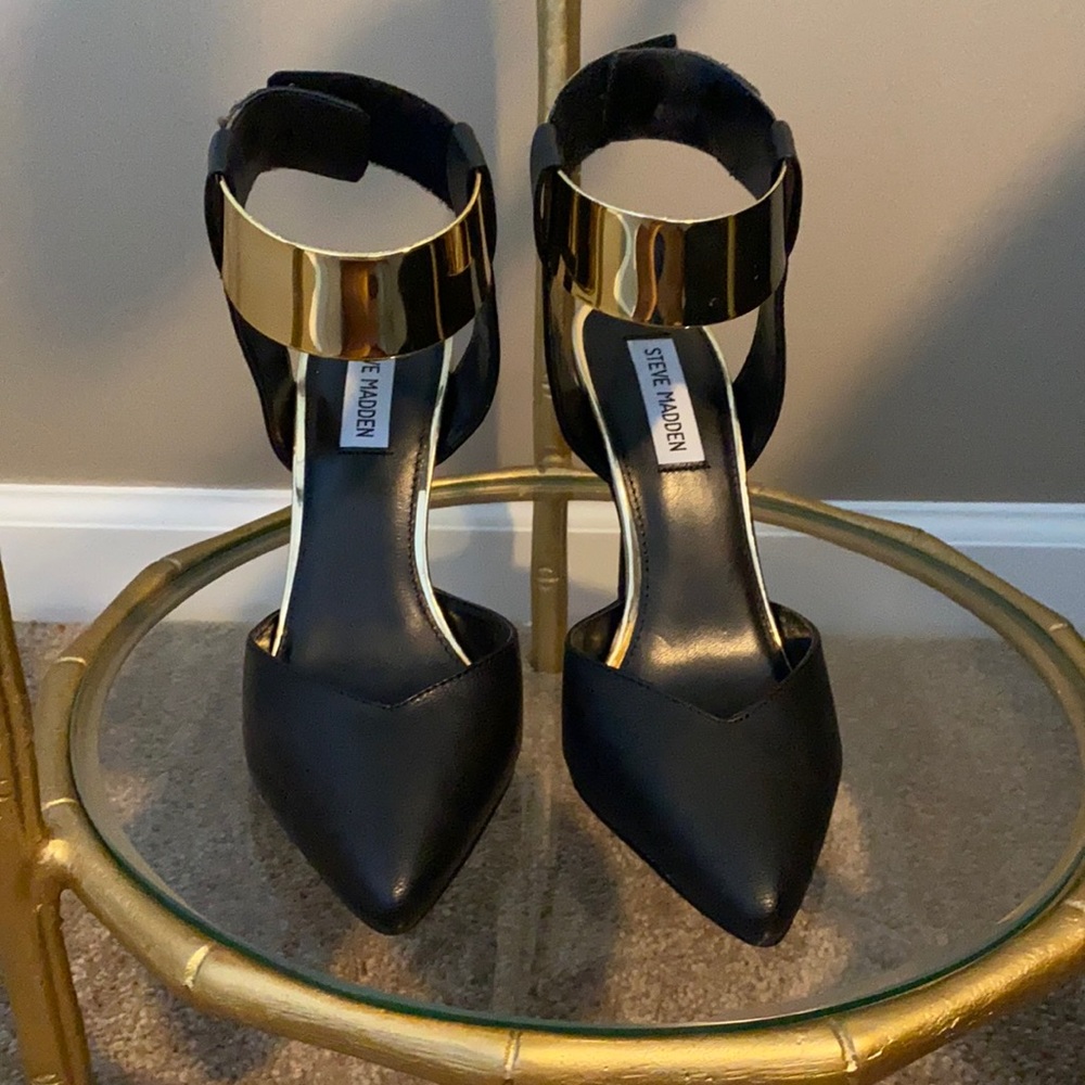 Gold & Black Ankle Strap Heels